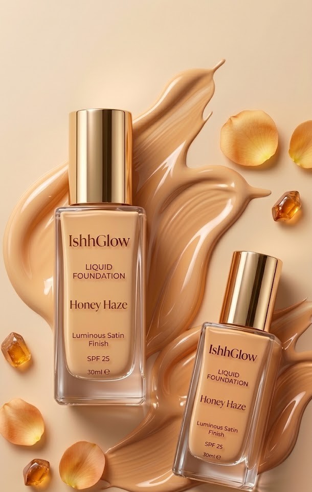 Flat lay product photography of two glass IshhGlow Liquid Foundation bottles in the shade 'Honey Haze' resting on a warm beige background with silky, golden-honey liquid makeup swirls, amber crystals, and floating golden petals.