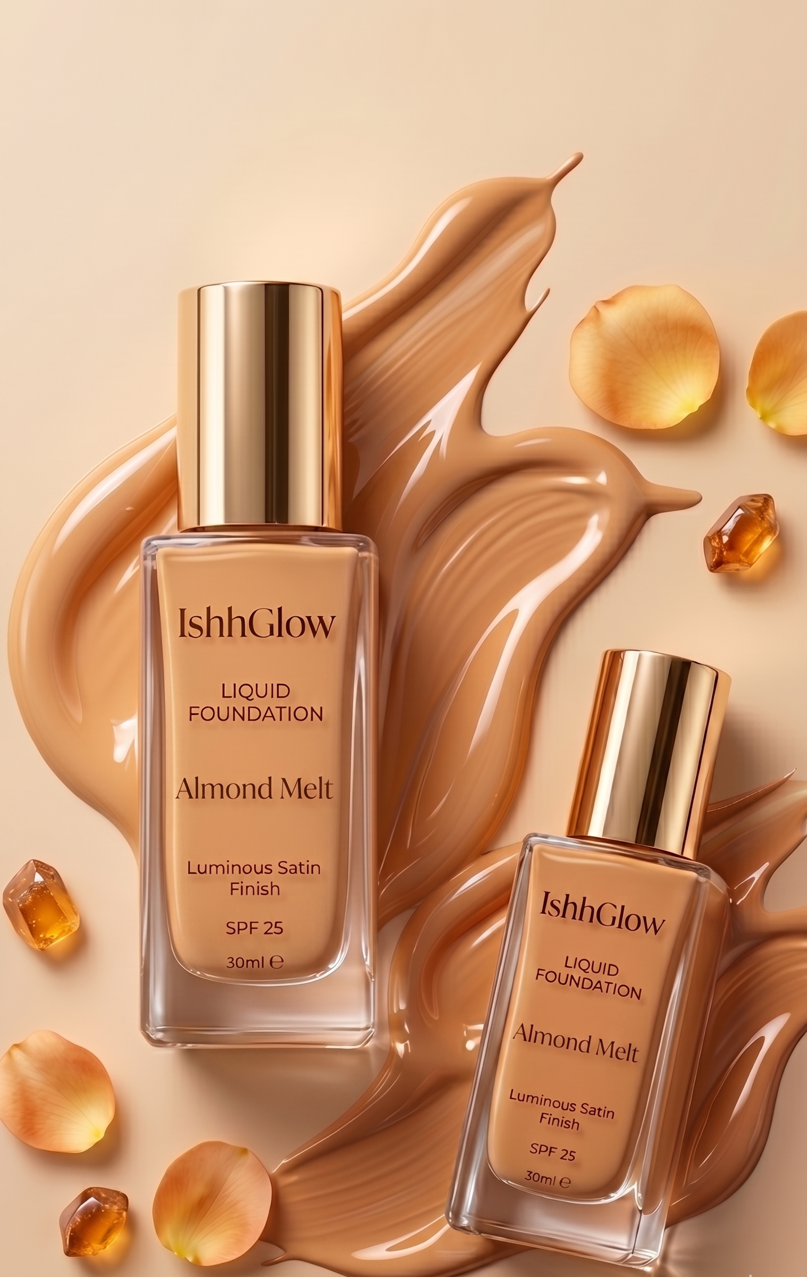 Luxury cosmetic product photography featuring two glass bottles of IshhGlow Liquid Foundation in the shade Almond Melt. The bottles have elegant gold caps and are surrounded by smooth, glossy swirls of creamy, medium-wheatish warm beige liquid foundation texture, scattered amber crystals, and soft peach rose petals on a minimalist neutral background.