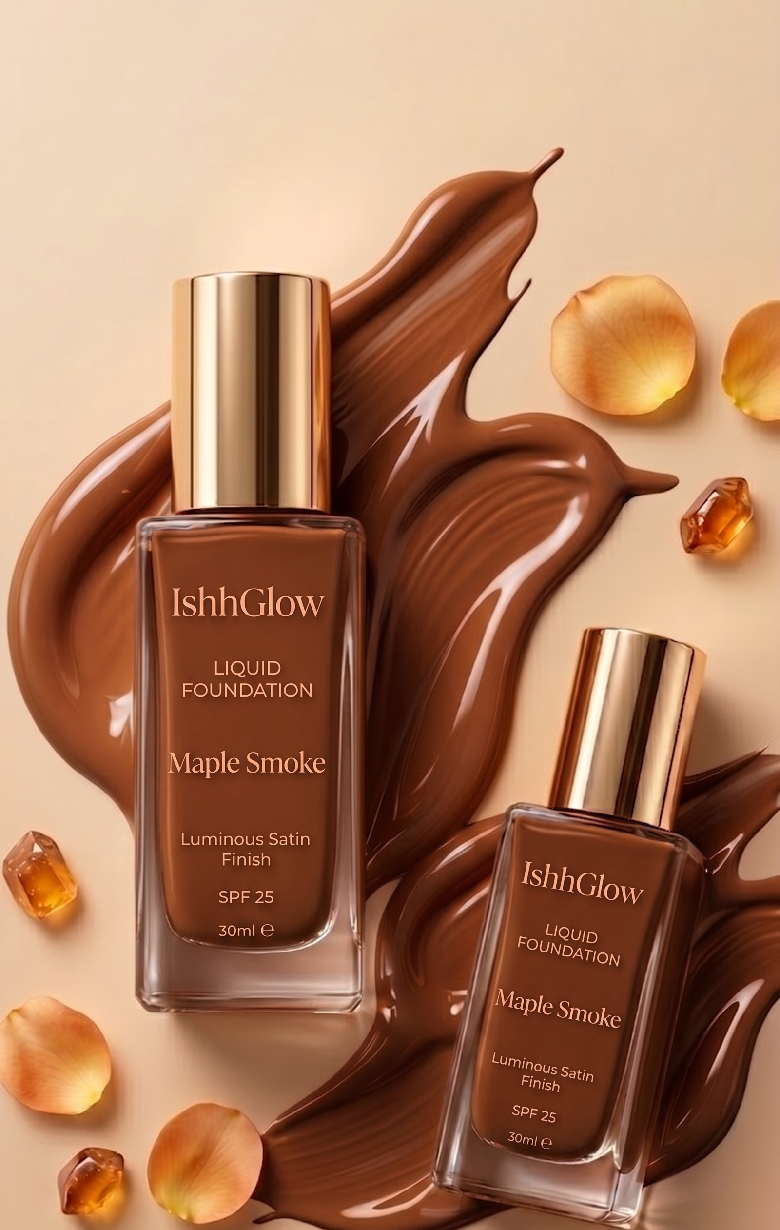 Two glass bottles of IshhGlow Liquid Foundation in the deep shade Maple Smoke, set against a smooth splash of the liquid makeup with amber crystals and gold flower petals.