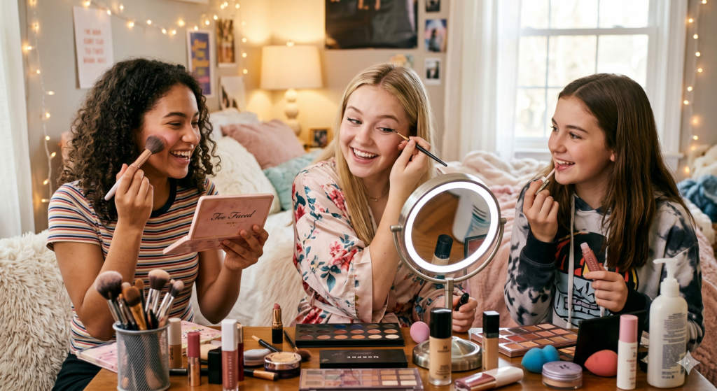 Three young women smiling and sharing affordable everyday makeup essentials in a cozy bedroom, featuring trending eyeshadow palettes, lip gloss, and a lighted vanity mirror from IshhGlow