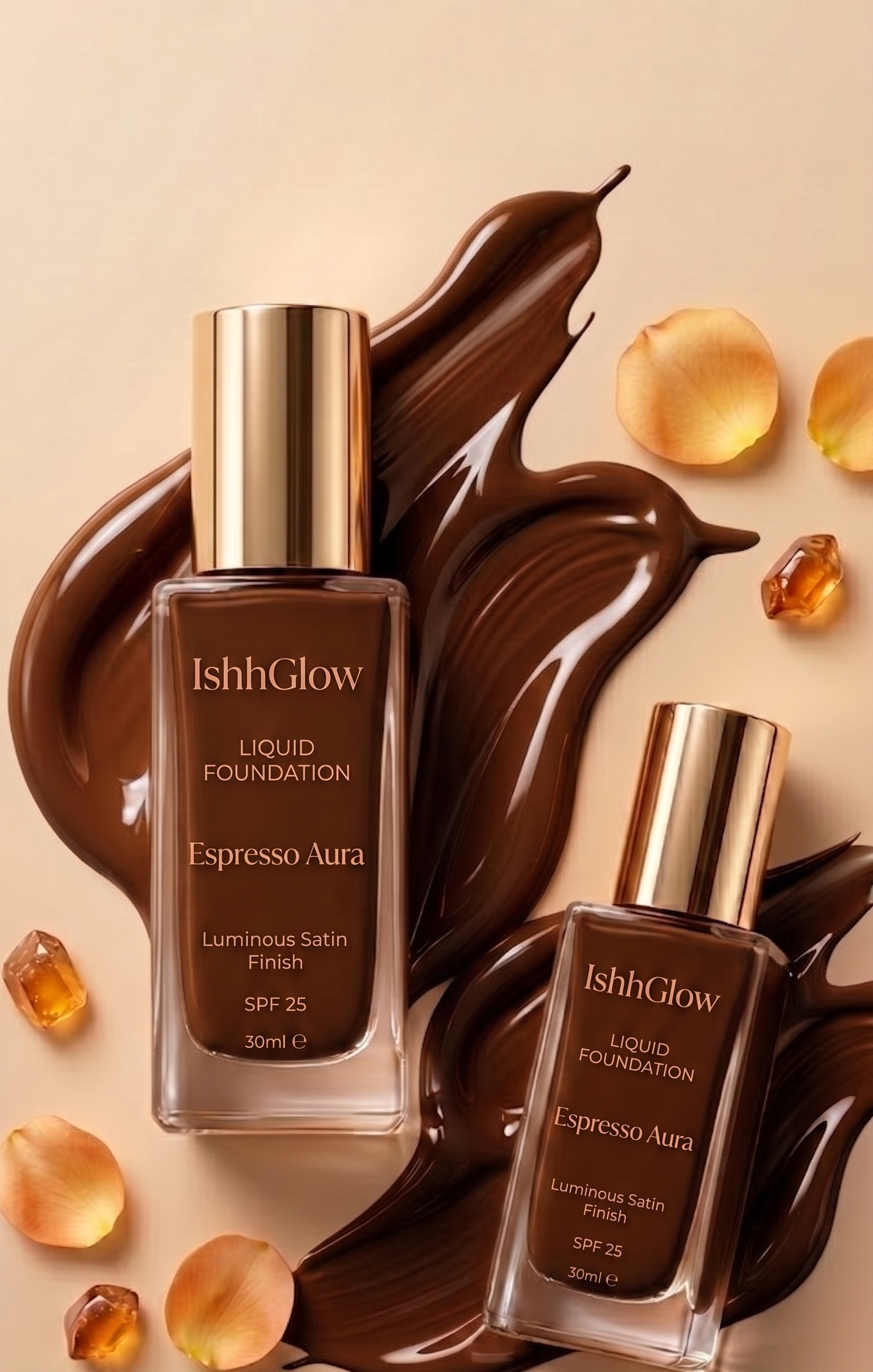 Two glass bottles of IshhGlow Liquid Foundation in the deep shade Espresso Aura, displayed on a glossy swirl of dark brown makeup with amber crystals and gold petals.