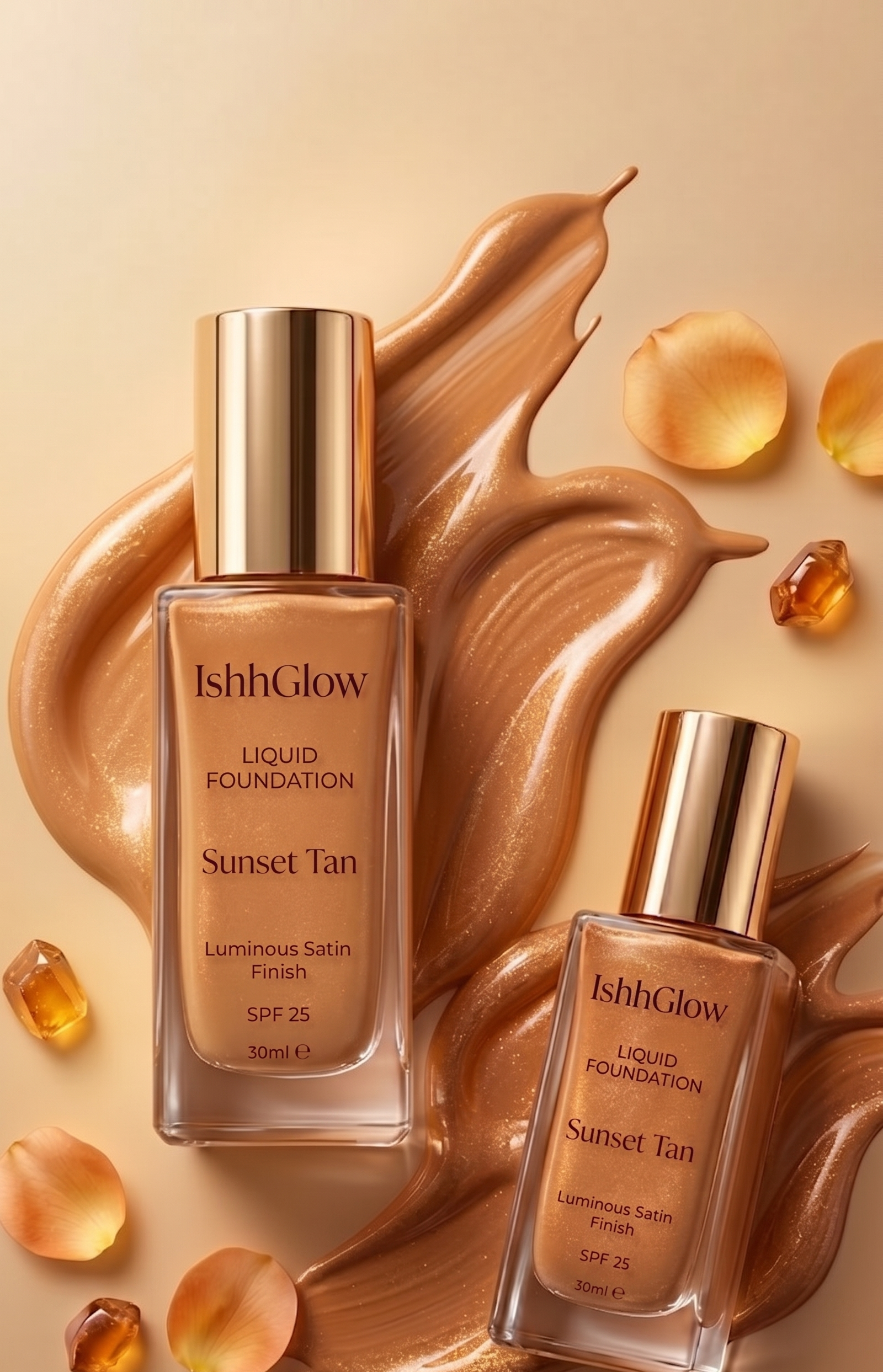 Two glass bottles of IshhGlow Liquid Foundation in the medium-deep shade Sunset Tan, arranged on a shimmering, golden-brown makeup swirl with amber crystals and gold petals.