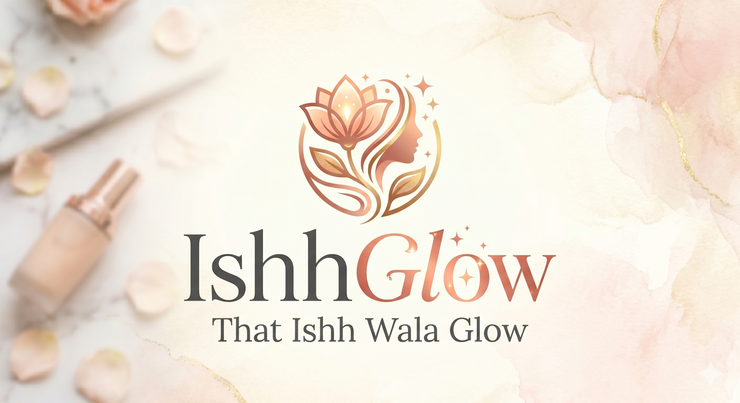 IshhGlow beauty brand logo with a rose gold floral and silhouette emblem, featuring the brand name and the tagline 'That Ishh Wala Glow' on a soft pink watercolor and marble background.