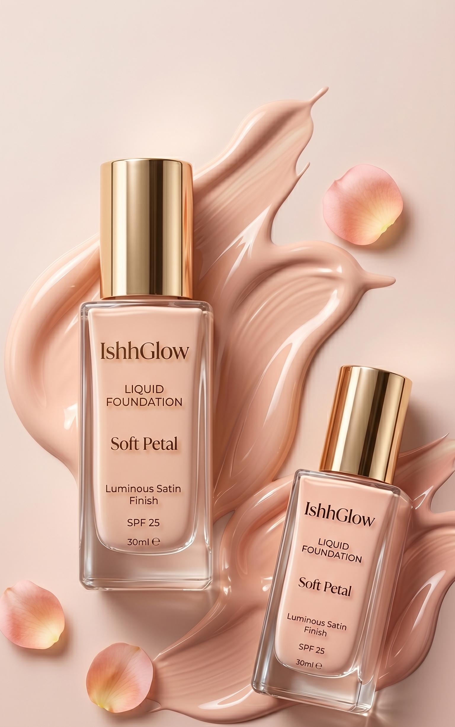 High-end cosmetic product photography of two IshhGlow Liquid Foundation bottles in the shade 'Soft Petal', displayed flat lay on a minimal pastel pink background with creamy liquid makeup swirls and floating pink flower petals.