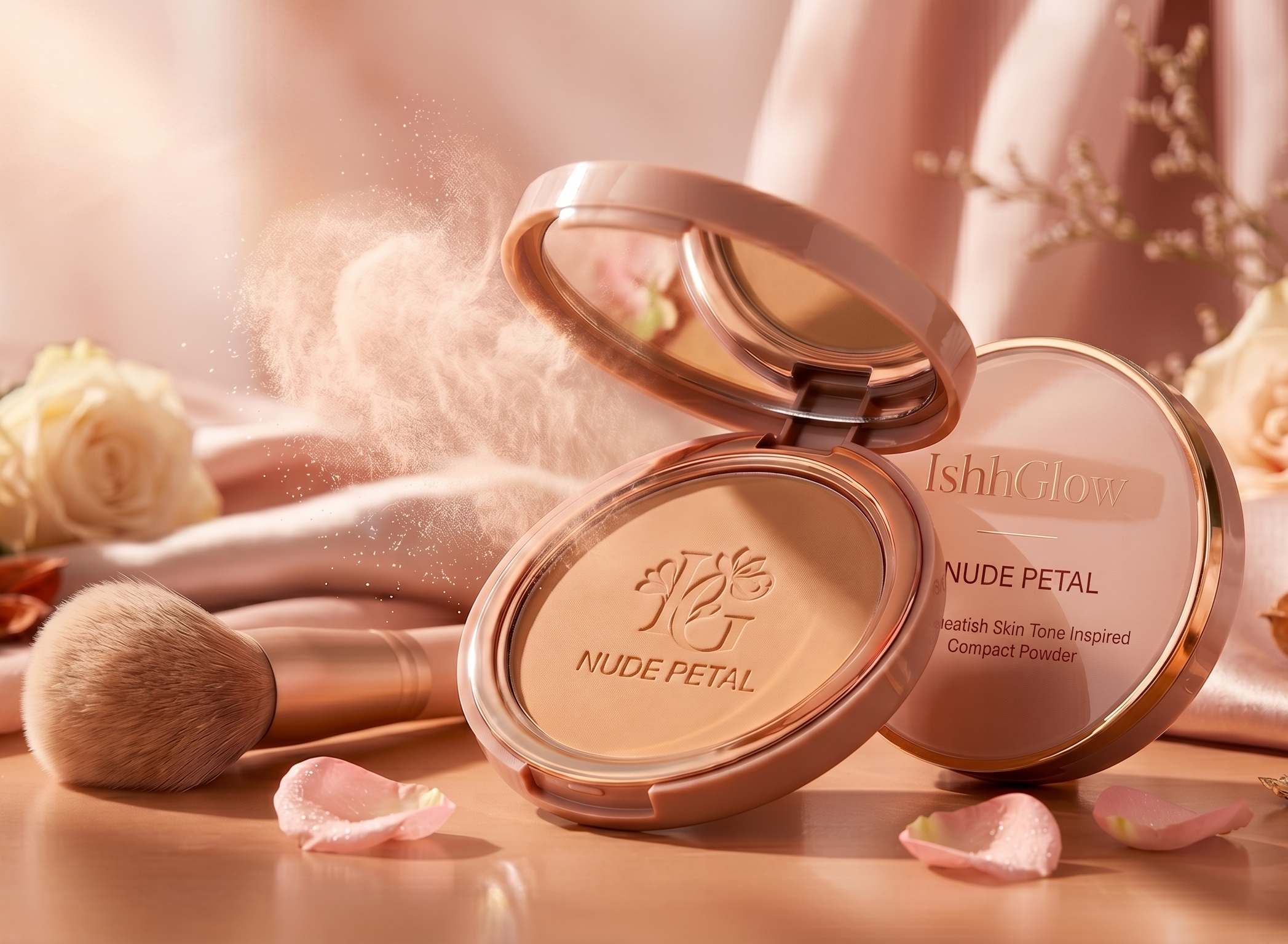 Elegant flat lay of IshhGlow Nude Petal Compact Powder in rose-gold packaging, open to reveal a built-in mirror and embossed logo. A plush powder brush, scattering fine makeup powder dust, pink rose buds, and silk fabric create a luxurious aesthetic on a warm-toned surface.