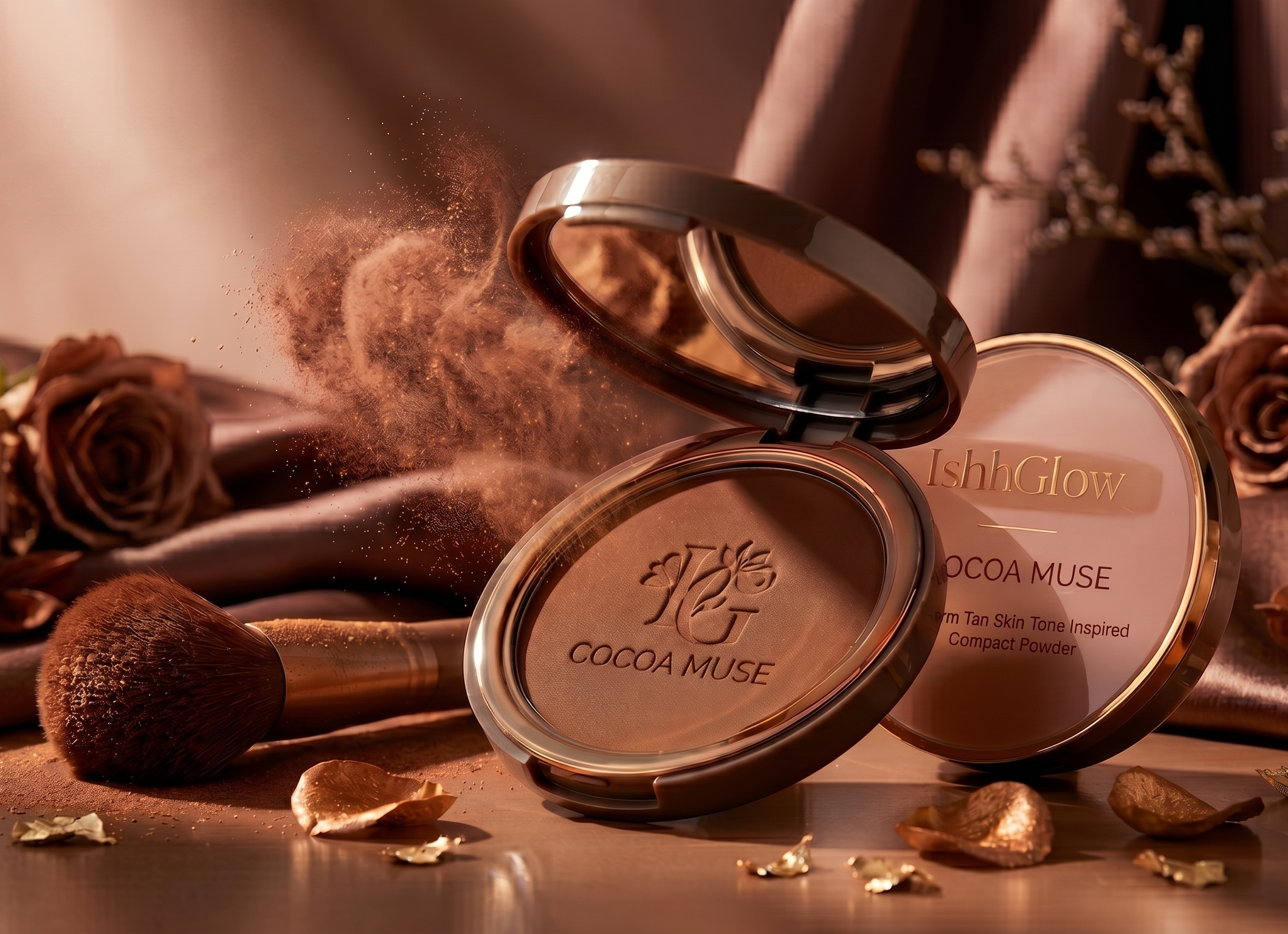 A luxury cosmetic flatlay featuring an open "Cocoa Muse" compact powder with a built-in mirror, a fluffy makeup brush, exploding fine brown powder, and metallic copper roses on a soft satin fabric background.