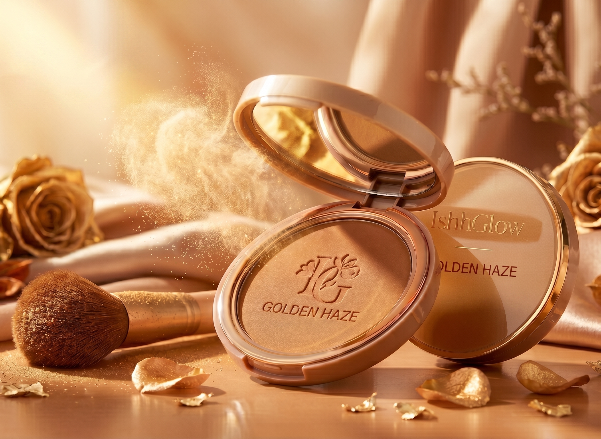 An open IshhGlow Golden Haze compact powder case showing a mirror and finely milled golden face powder, placed next to a plush makeup brush on a silk background with gold roses.