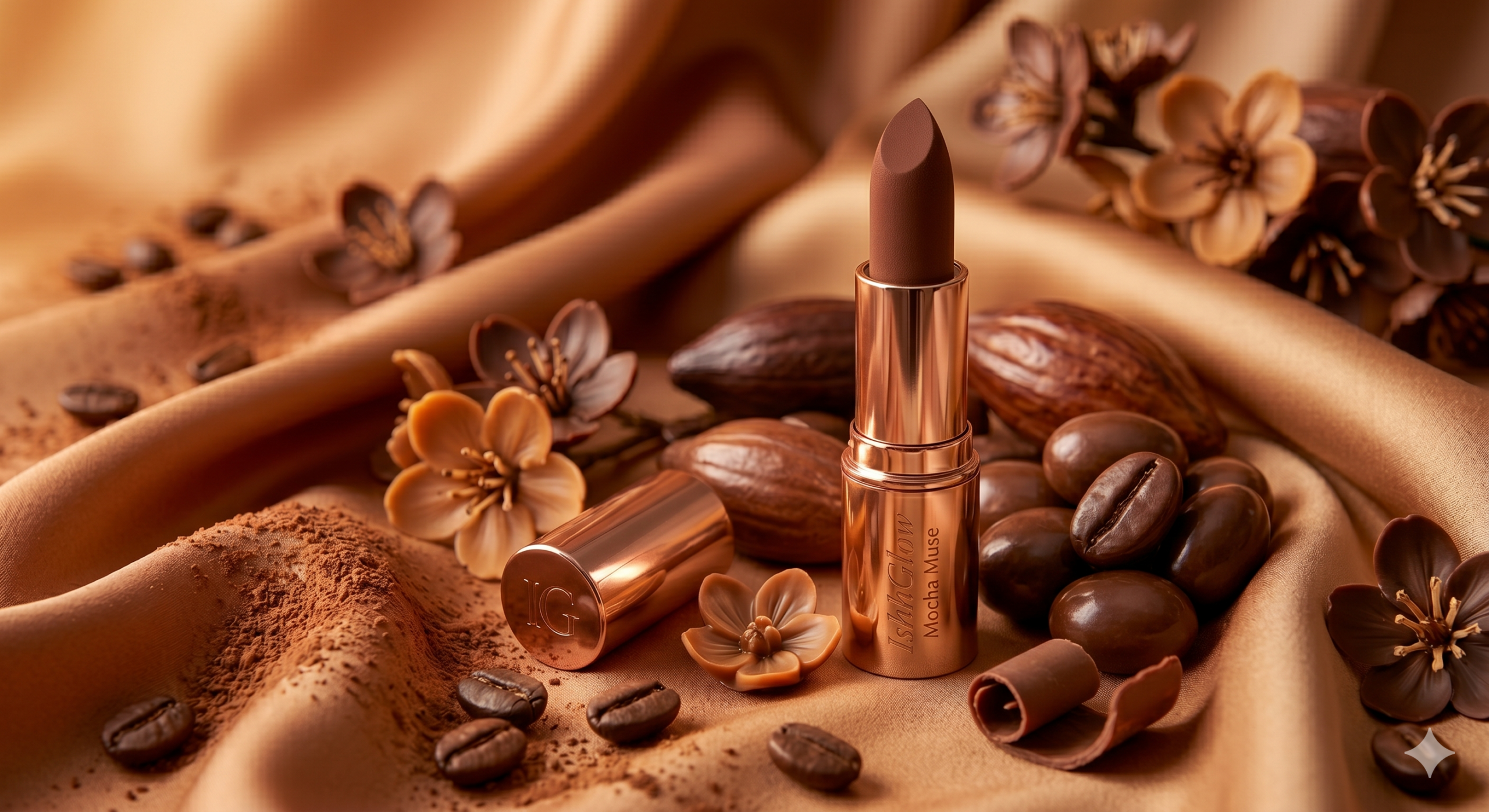 IshhGlow Mocha Muse luxury velvet lipstick in a rich brown nude shade, displayed in a polished rose gold tube with roasted coffee beans, cocoa powder, chocolate curls, and elegant caramel-toned silk fabric folds.