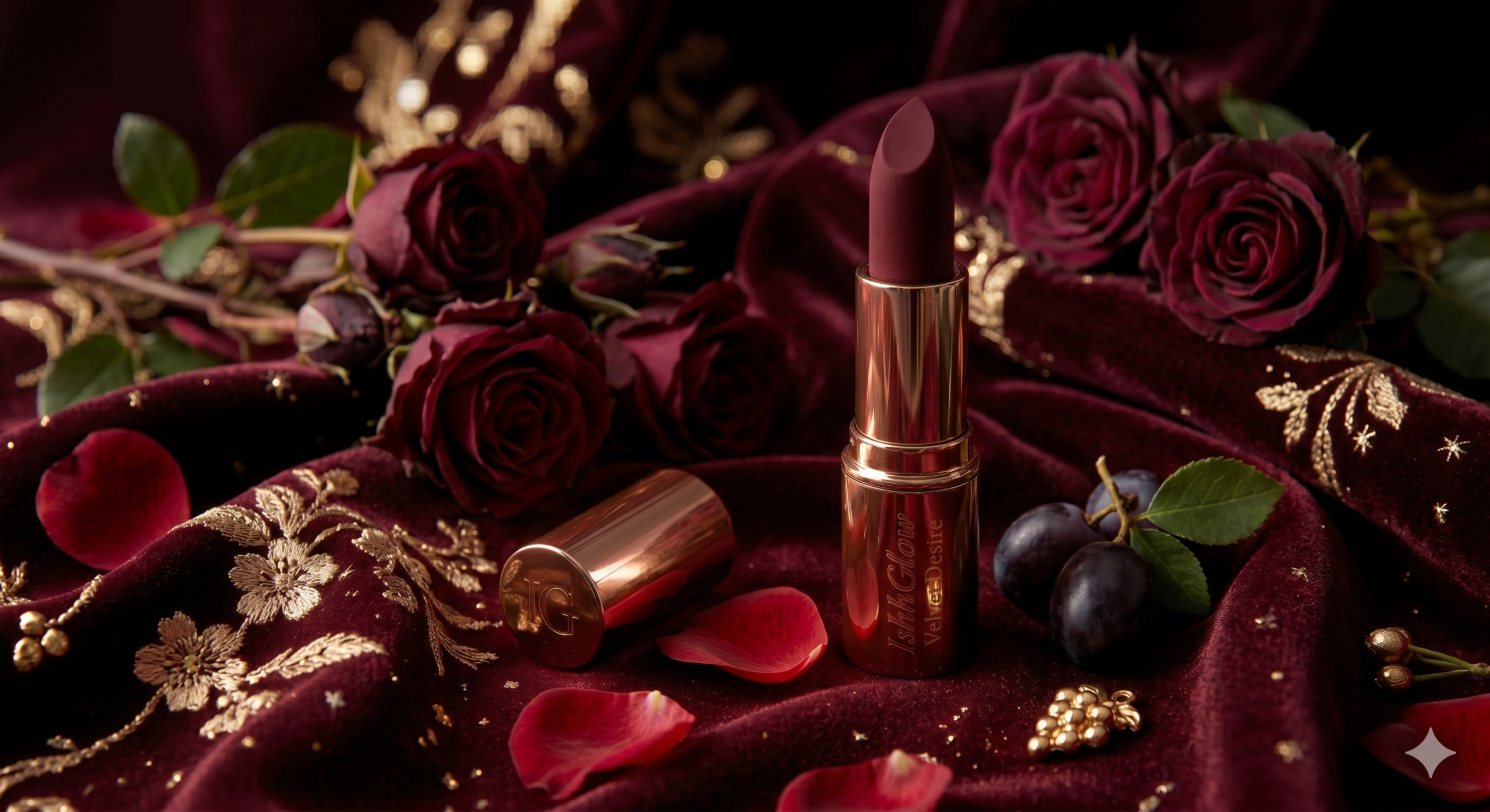 IshhGlow Velvet Desire luxury matte lipstick in a deep wine burgundy shade, showcased in a polished rose gold case on rich dark velvet fabric with red roses, dark grapes, and gold embroidery accents.