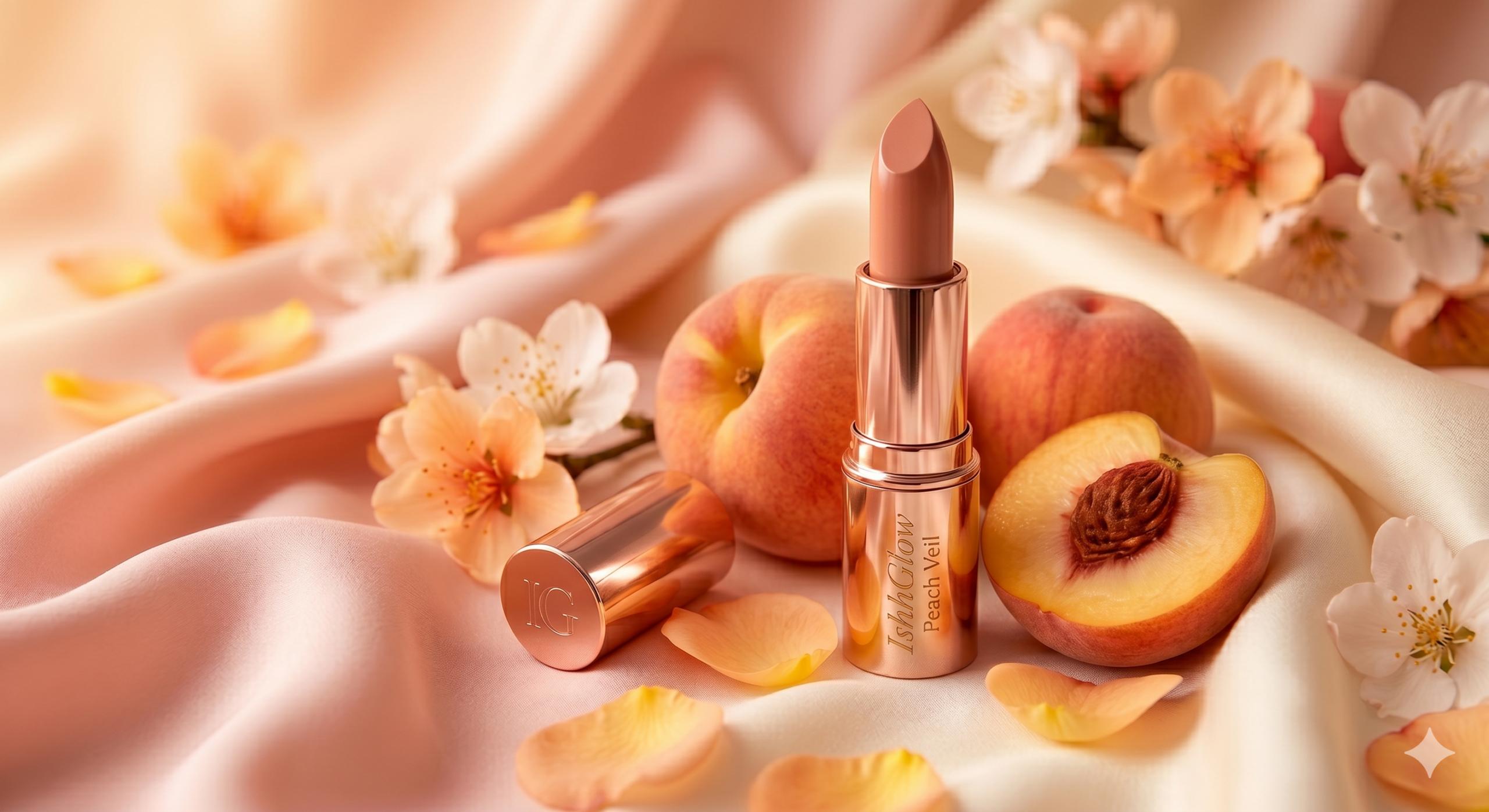 IshhGlow Peach Veil luxury creamy lipstick in a warm peach nude shade, presented in a reflective rose gold tube alongside fresh whole and cut peaches, delicate peach blossoms, and flowing warm-toned silk fabric