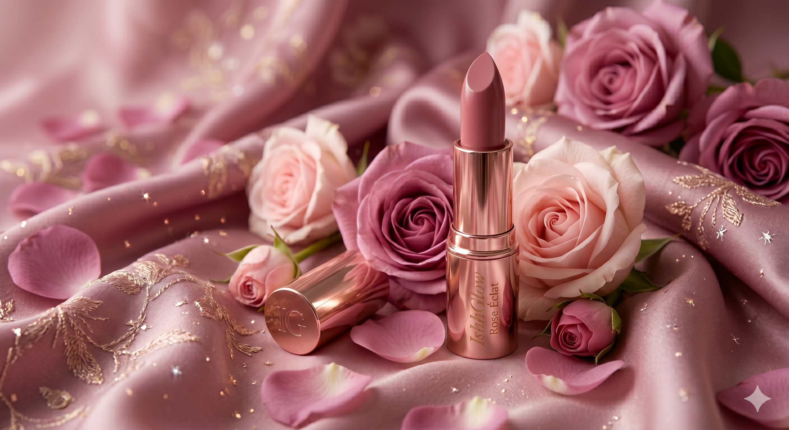 IshhGlow Rose Éclat luxury lipstick in an elegant rosy mauve shade, showcased in a glossy rose gold tube surrounded by blooming pink and mauve roses, scattered petals, subtle golden sparkles, and draped mauve silk fabric.