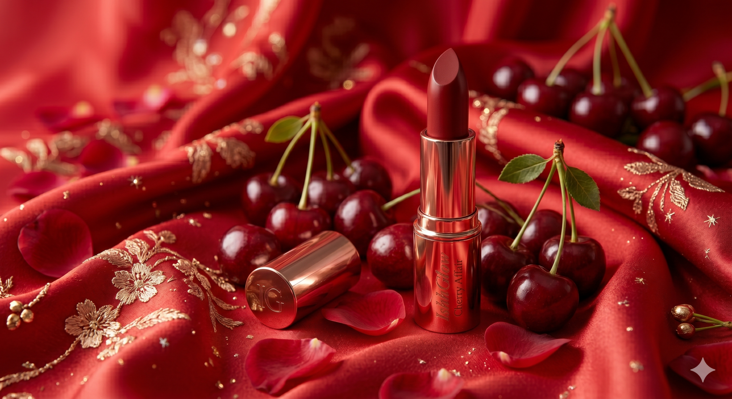 IshhGlow Cherry Affair luxury classic red lipstick in a glossy rose gold tube, arranged on rich red satin fabric with gold floral embroidery, fresh glossy cherries, and scattered red petals.