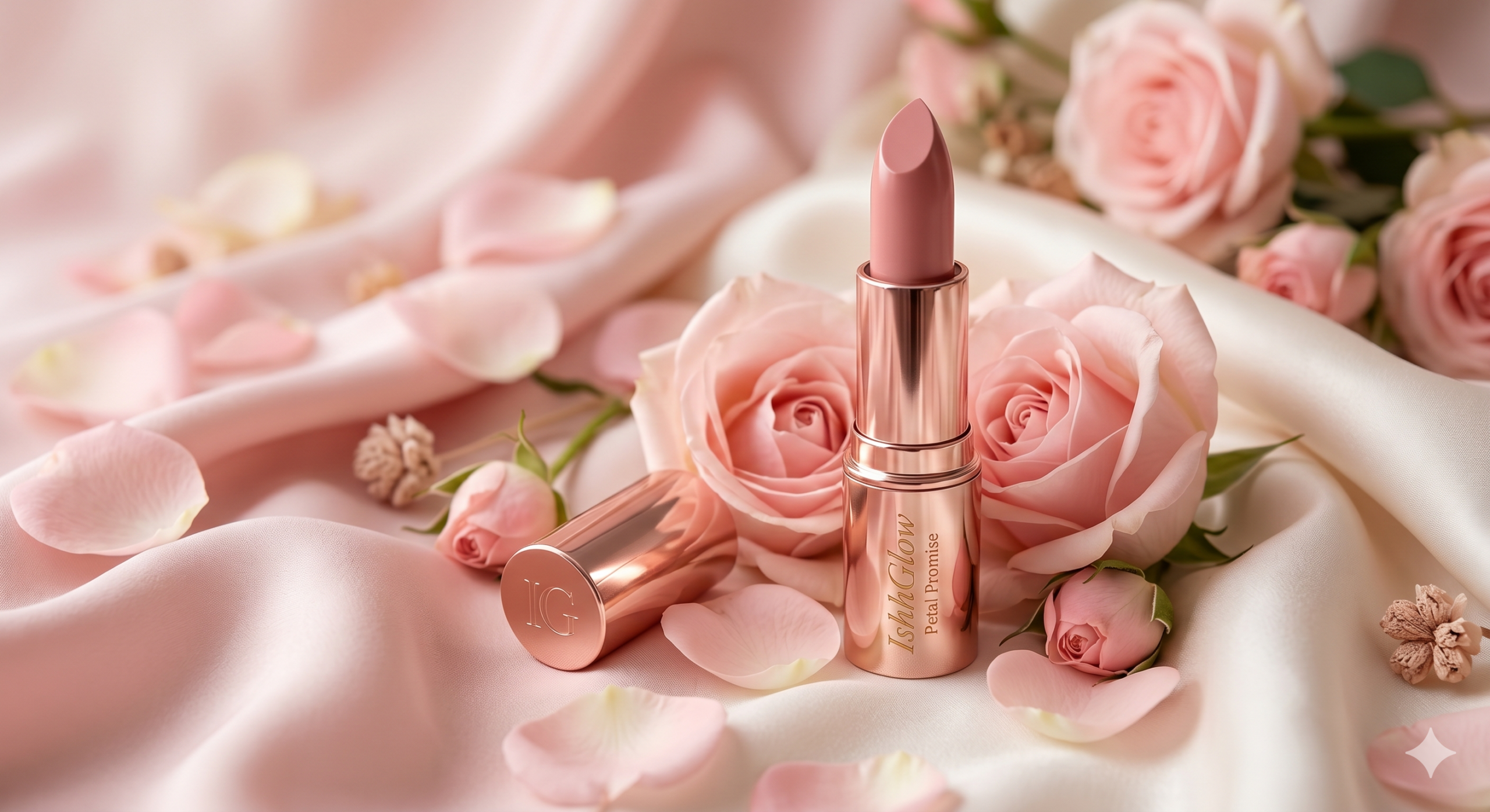 IshhGlow Petal Promise premium satin lipstick in a soft pink nude shade, standing in a glossy rose gold case surrounded by delicate blush pink roses, scattered petals, and elegant flowing silk fabric.